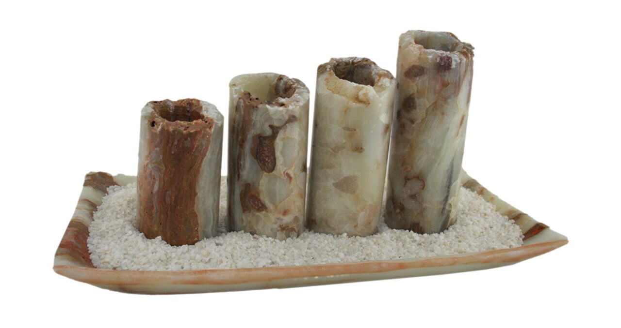 Red and White Marble Artisan Hand Crafted 5 Piece Marble Candle and Tray Set